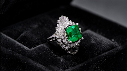 Kasugai MADE IN JAPAN Certified 3.17 cts. Vivid Green Columbian Emerald Ring with Platinum 900 and White Diamonds Size US4.5  - R15