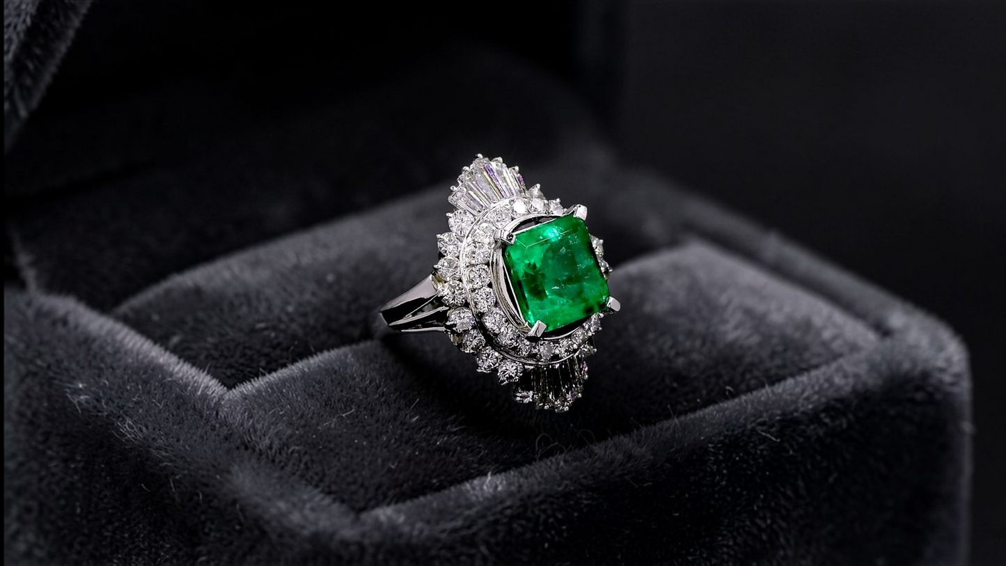 Kasugai MADE IN JAPAN Certified 3.17 cts. Vivid Green Columbian Emerald Ring with Platinum 900 and White Diamonds Size US4.5  - R15