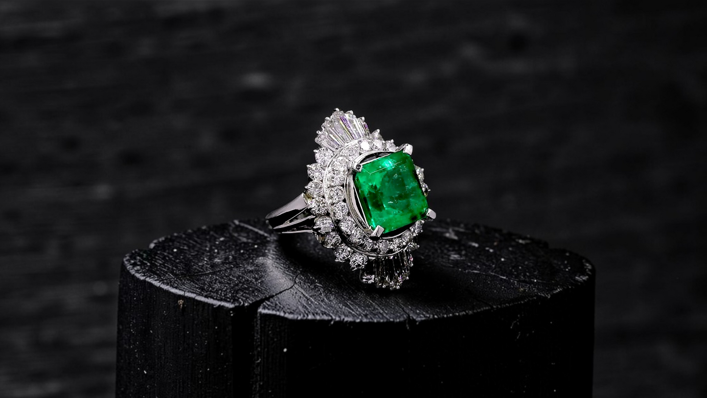 Kasugai MADE IN JAPAN Certified 3.17 cts. Vivid Green Columbian Emerald Ring with Platinum 900 and White Diamonds Size US4.5  - R15