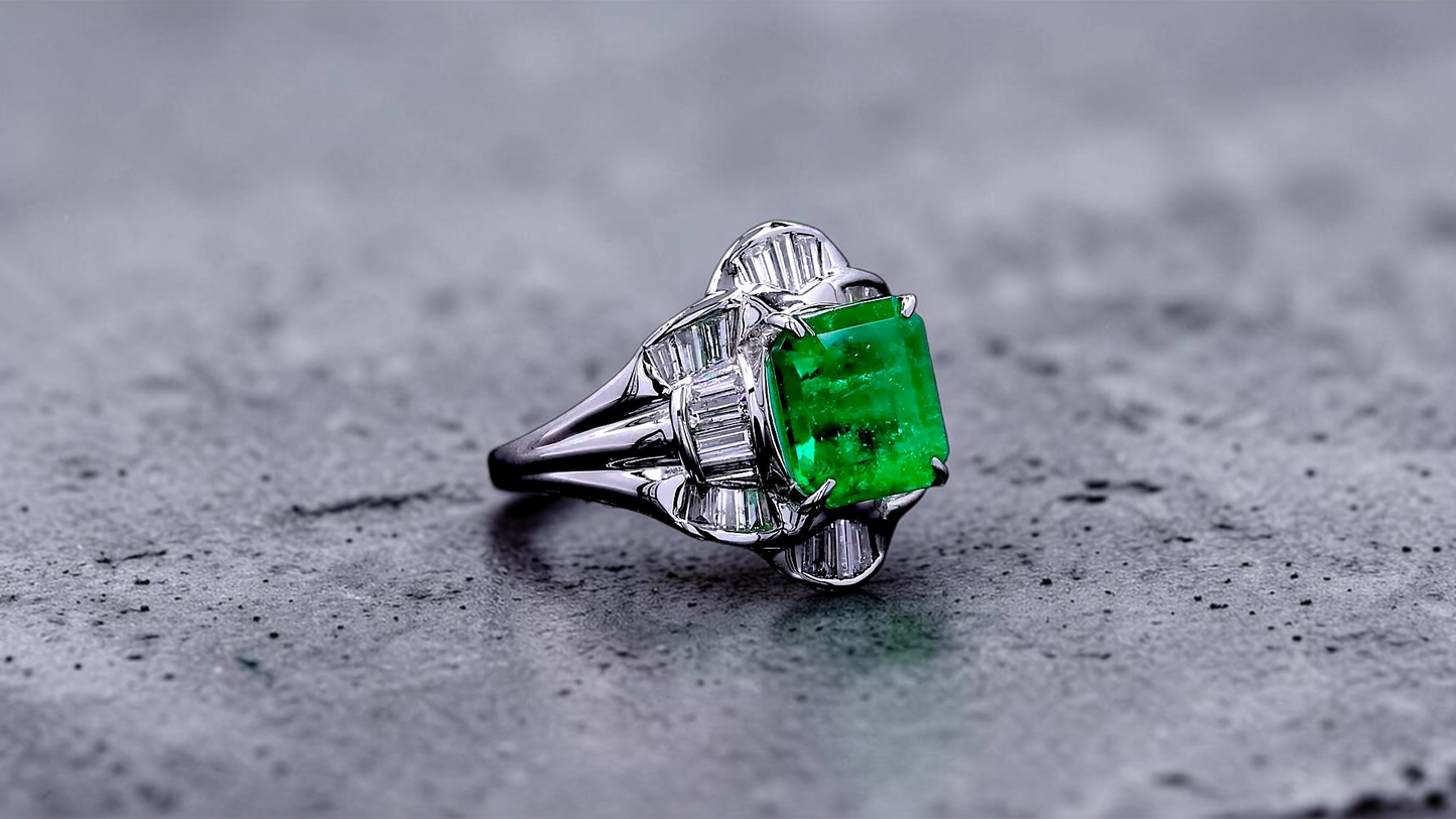 Nishio MADE IN JAPAN Certified 3.51 cts. Muzo Vivid Green Columbian Emerald Ring with Platinum 900 and White Diamonds Size US6  - R16