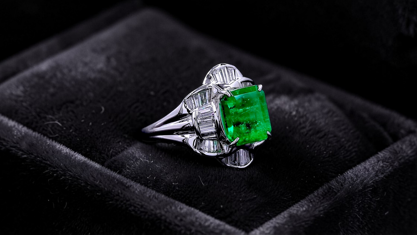 Nishio MADE IN JAPAN Certified 3.51 cts. Muzo Vivid Green Columbian Emerald Ring with Platinum 900 and White Diamonds Size US6  - R16