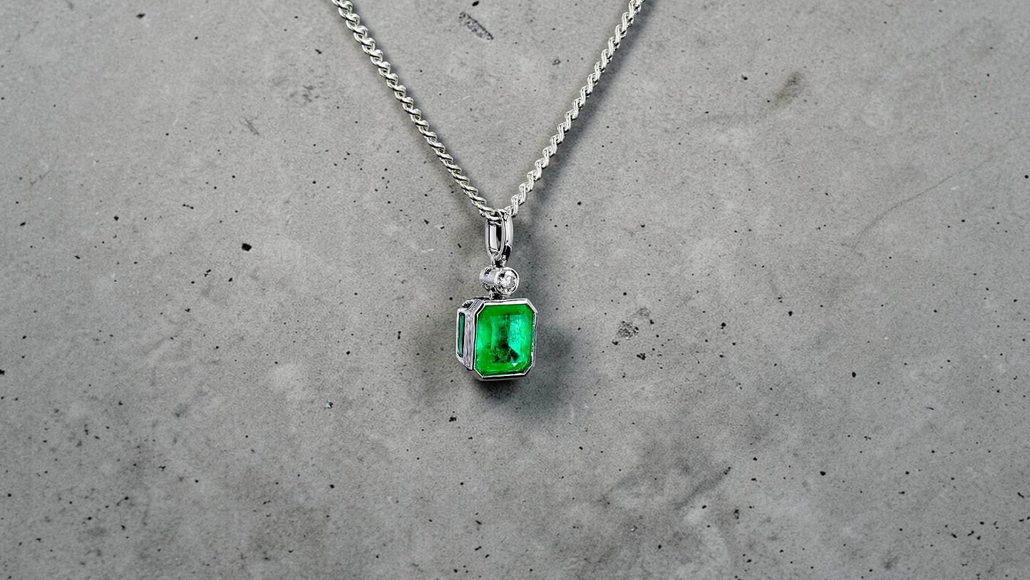 Kariya Certified 1.33 cts. Vivid Green Columbian Emerald Charm Pendant with 18K White Gold and White Diamonds - V2