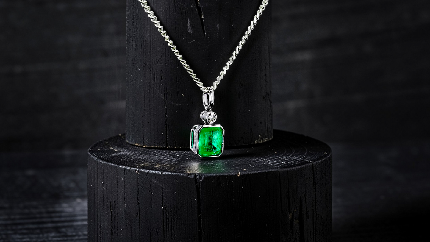 Kariya Certified 1.33 cts. Vivid Green Columbian Emerald Charm Pendant with 18K White Gold and White Diamonds - V2