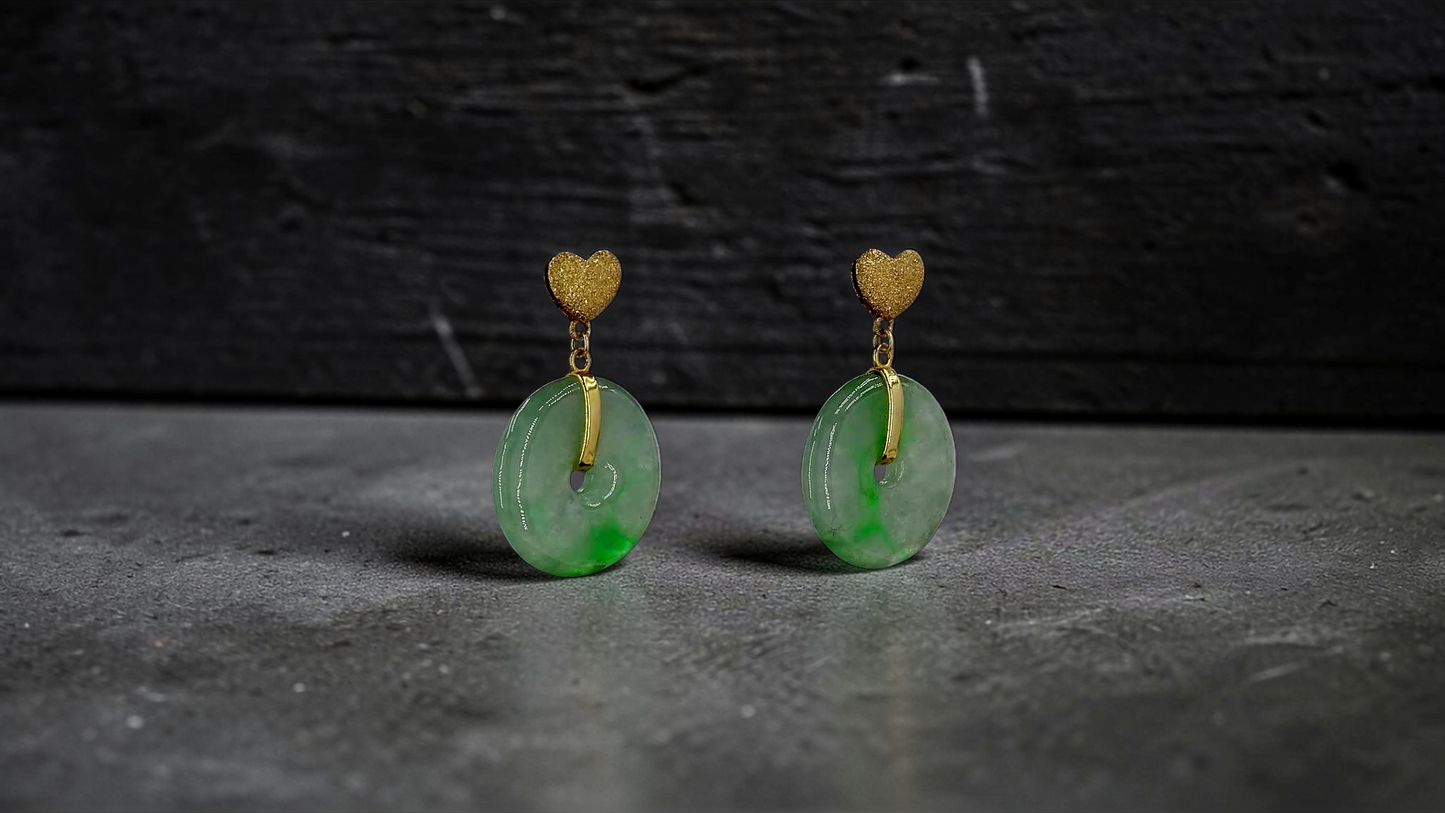 Anjo Dangling Donut Icy Green Burmese A-Jade Earrings (with 18K Yellow Gold) - Certified