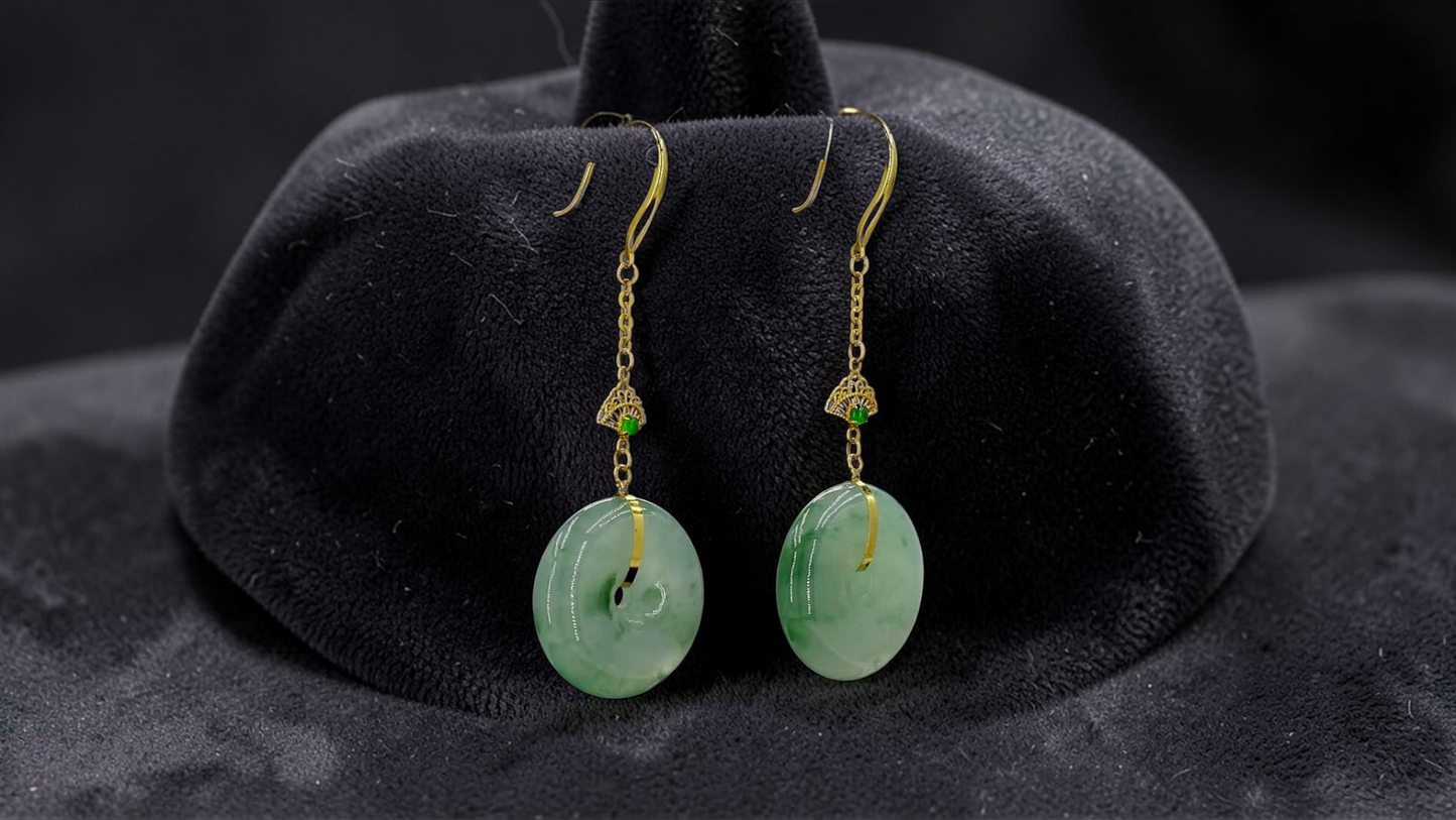 Gamagori Dangling Donut Icy Green Burmese A-Jade French Hook Earrings (with 18K Yellow Gold) - Certified