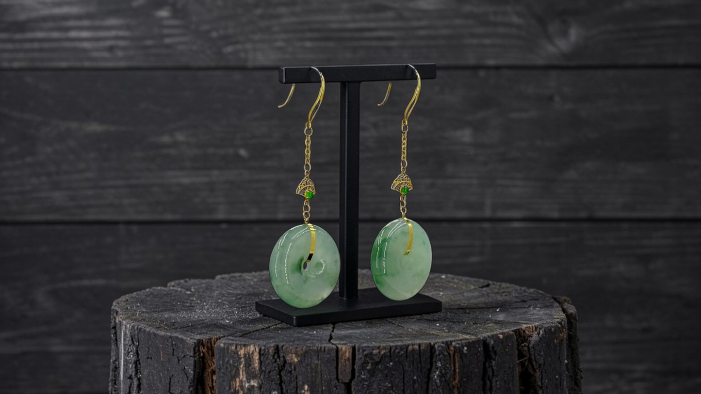 Gamagori Dangling Donut Icy Green Burmese A-Jade French Hook Earrings (with 18K Yellow Gold) - Certified