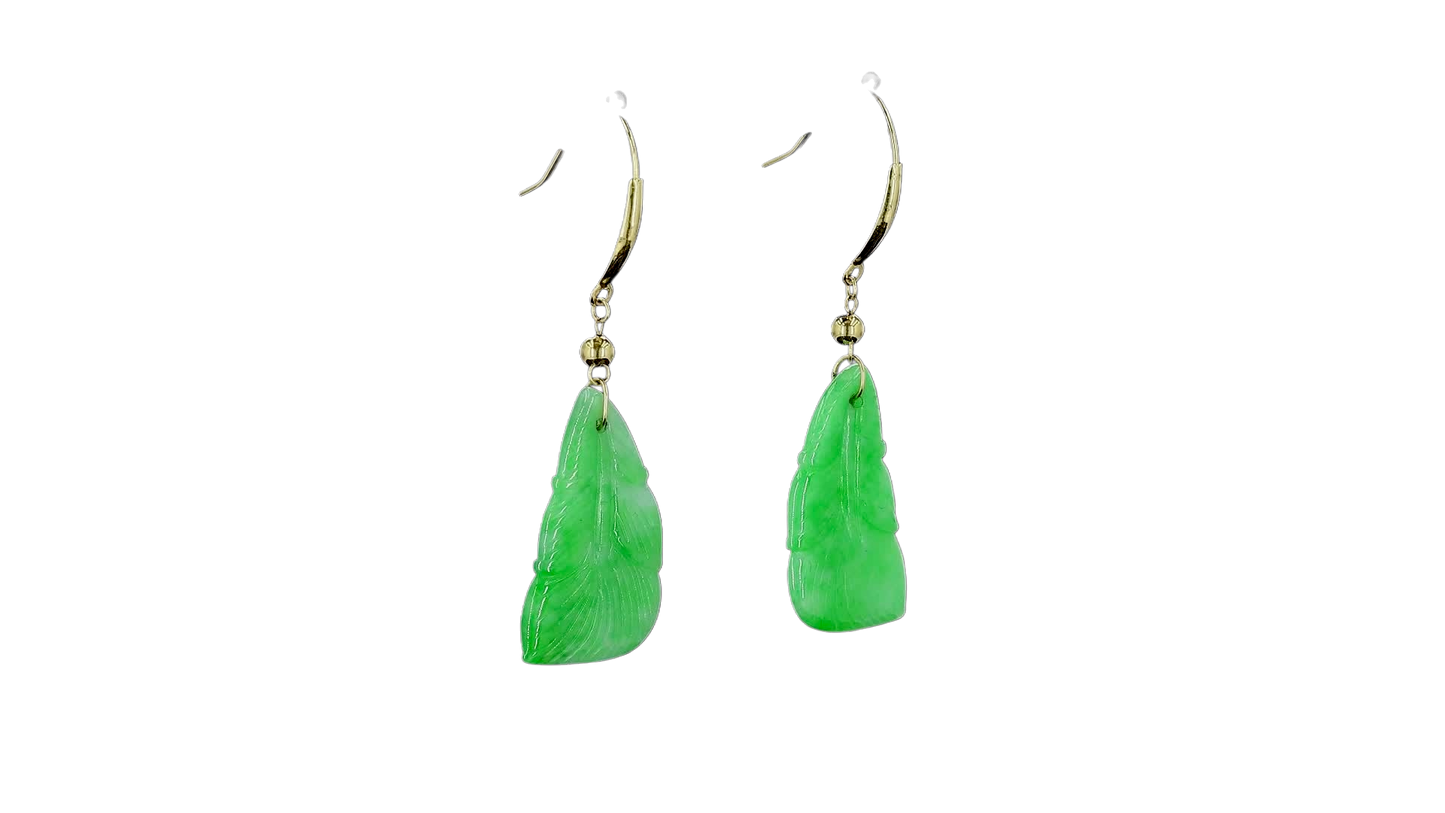 Nakamura Dangling Leaf Imperial Green Burmese A-Jade Earrings (with 18K Yellow Gold) - Certified
