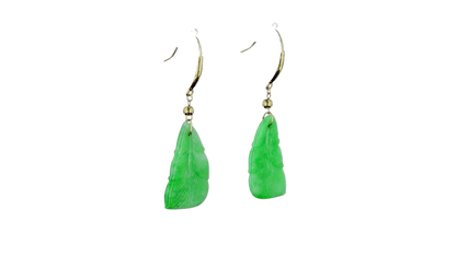 Nakamura Dangling Leaf Imperial Green Burmese A-Jade Earrings (with 18K Yellow Gold) - Certified