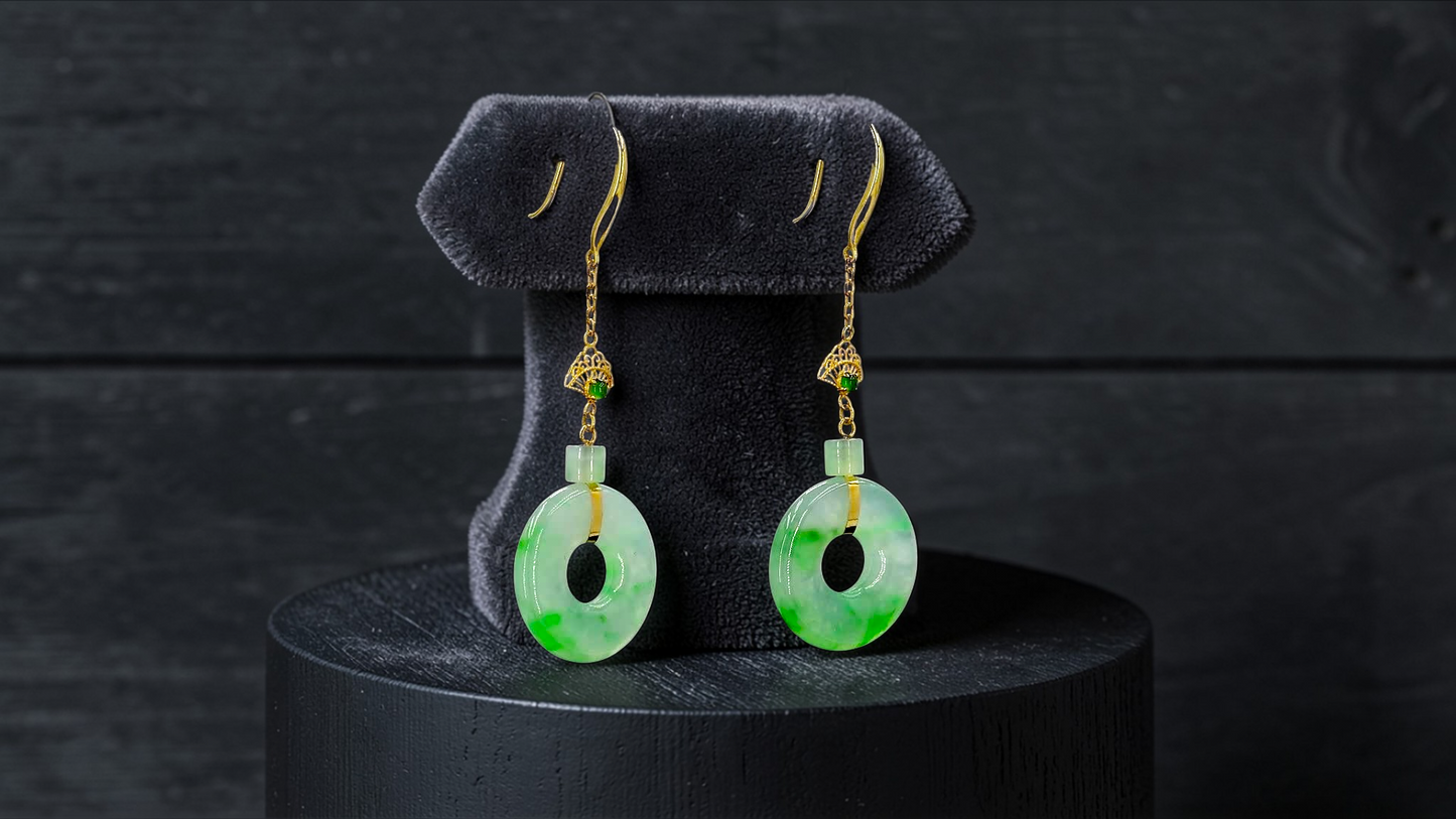 Inuyama Dangling Donut Icy Green Burmese A-Jade French Hook Earrings (with 18K Yellow Gold) - Certified