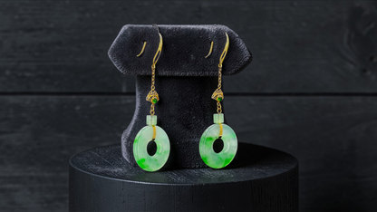Inuyama Dangling Donut Icy Green Burmese A-Jade French Hook Earrings (with 18K Yellow Gold) - Certified