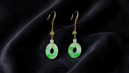 Inuyama Dangling Donut Icy Green Burmese A-Jade French Hook Earrings (with 18K Yellow Gold) - Certified