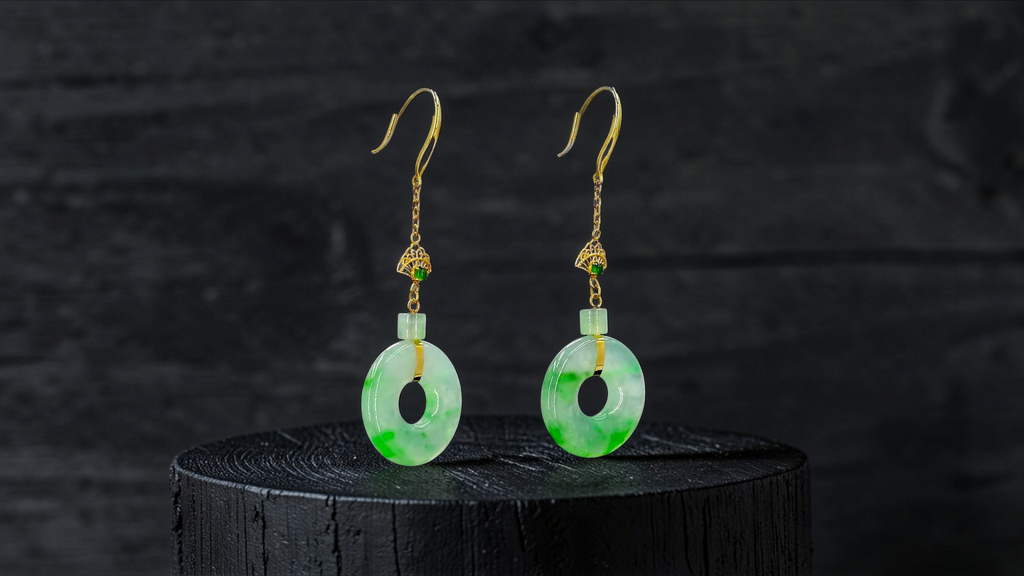 Inuyama Dangling Donut Icy Green Burmese A-Jade French Hook Earrings (with 18K Yellow Gold) - Certified