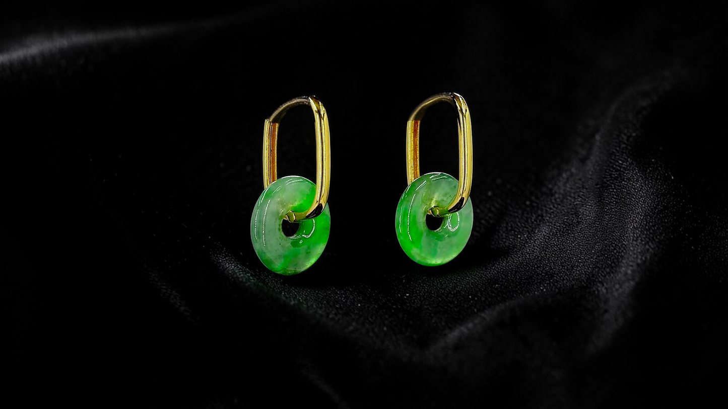 Tokoname Dangling Donut Bright Icy Green Burmese A-Jade Earrings (with 18K Yellow Gold) - Certified