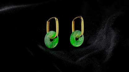 Tokoname Dangling Donut Bright Icy Green Burmese A-Jade Earrings (with 18K Yellow Gold) - Certified