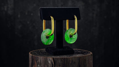 Tokoname Dangling Donut Bright Icy Green Burmese A-Jade Earrings (with 18K Yellow Gold) - Certified