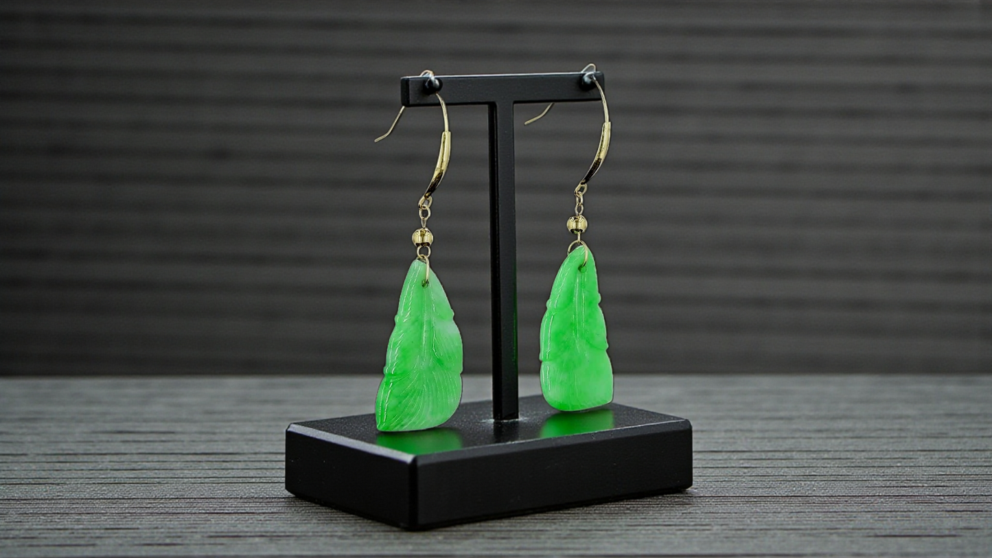 Nakamura Dangling Leaf Imperial Green Burmese A-Jade Earrings (with 18K Yellow Gold) - Certified