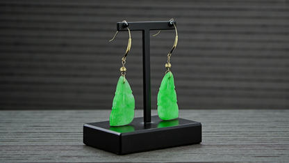 Nakamura Dangling Leaf Imperial Green Burmese A-Jade Earrings (with 18K Yellow Gold) - Certified