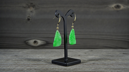 Nakamura Dangling Leaf Imperial Green Burmese A-Jade Earrings (with 18K Yellow Gold) - Certified