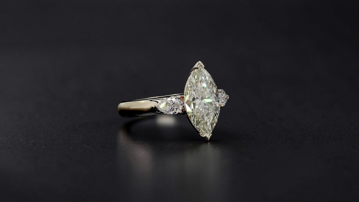 Kobayashi 2.53 cts. Natural Marquise Diamond Cocktail Ring, with Natural Pear Shaped White Diamonds, and 18K Yellow Gold - GIA Certified -R8
