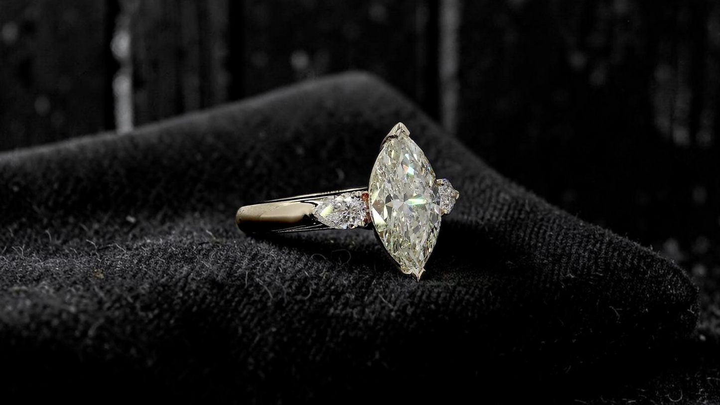Kobayashi 2.53 cts. Natural Marquise Diamond Cocktail Ring, with Natural Pear Shaped White Diamonds, and 18K Yellow Gold - GIA Certified -R8
