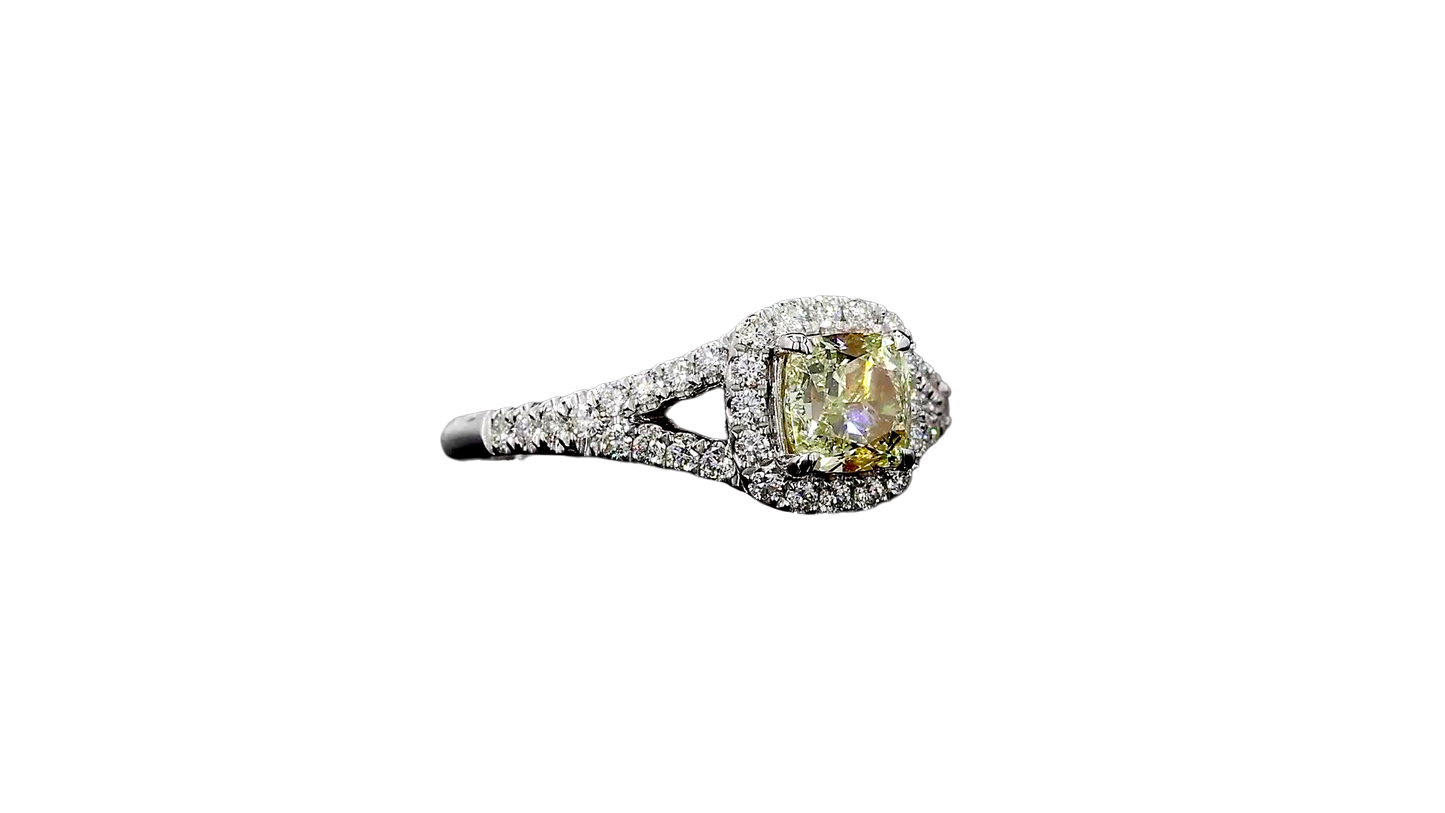 Kami 1.02 cts. Natural Cushion Fancy Light Yellow Diamond Halo Ring with Natural Round White VVS Diamonds Halo and 18K White Gold - GIA Certified - R9