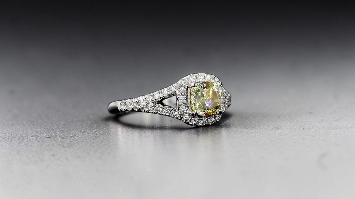 Kami 1.02 cts. Natural Cushion Fancy Light Yellow Diamond Halo Ring with Natural Round White VVS Diamonds Halo and 18K White Gold - GIA Certified - R9