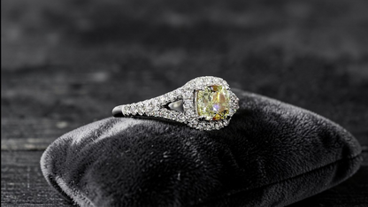 Kami 1.02 cts. Natural Cushion Fancy Light Yellow Diamond Halo Ring with Natural Round White VVS Diamonds Halo and 18K White Gold - GIA Certified - R9
