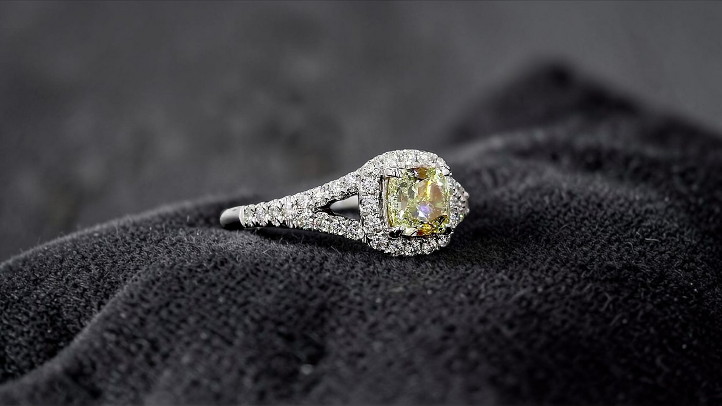 Kami 1.02 cts. Natural Cushion Fancy Light Yellow Diamond Halo Ring with Natural Round White VVS Diamonds Halo and 18K White Gold - GIA Certified - R9