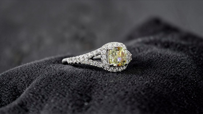 Kami 1.02 cts. Natural Cushion Fancy Light Yellow Diamond Halo Ring with Natural Round White VVS Diamonds Halo and 18K White Gold - GIA Certified - R9