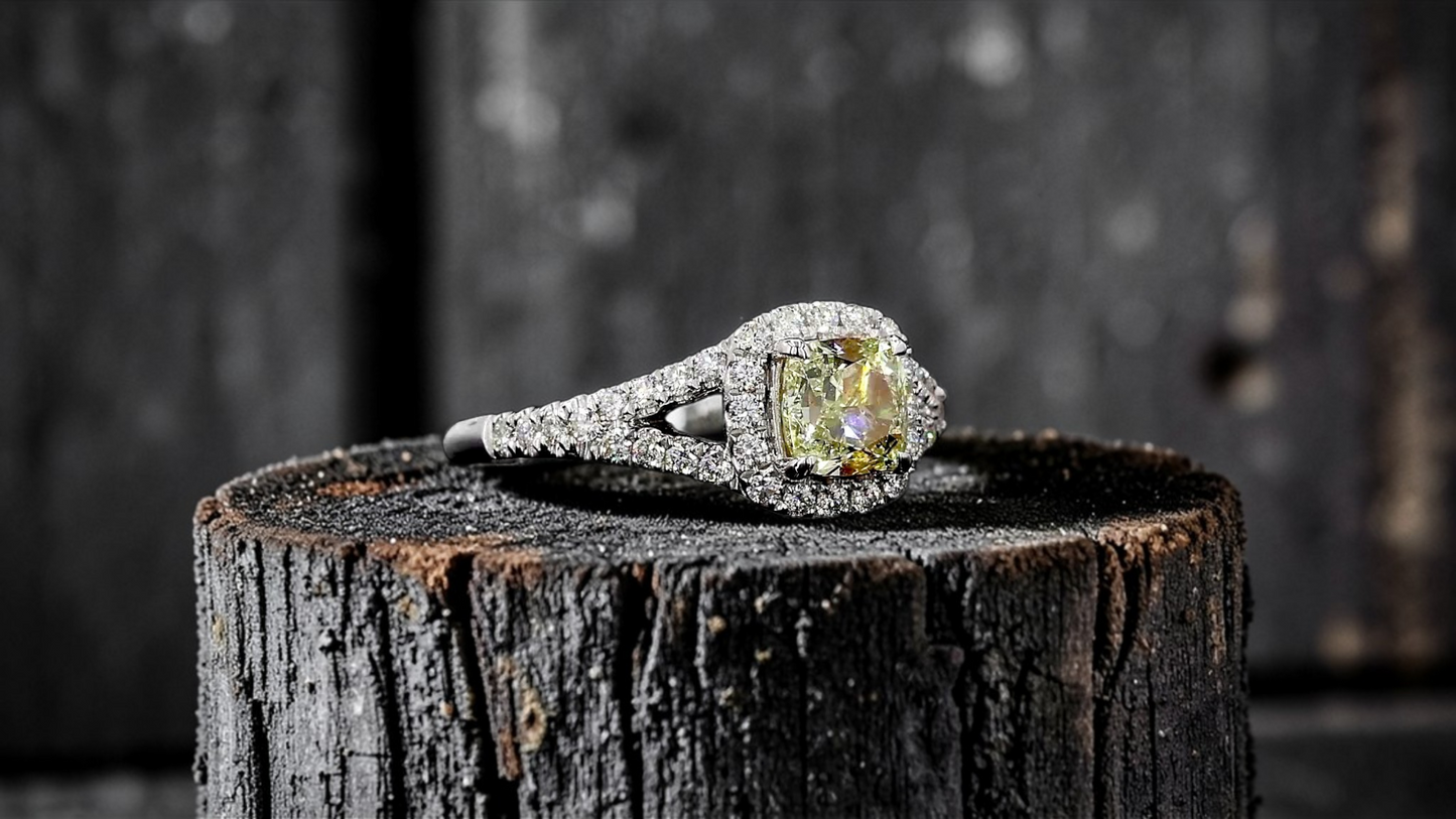 Kami 1.02 cts. Natural Cushion Fancy Light Yellow Diamond Halo Ring with Natural Round White VVS Diamonds Halo and 18K White Gold - GIA Certified - R9