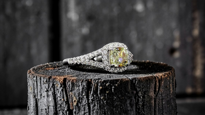 Kami 1.02 cts. Natural Cushion Fancy Light Yellow Diamond Halo Ring with Natural Round White VVS Diamonds Halo and 18K White Gold - GIA Certified - R9