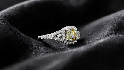 Kami 1.02 cts. Natural Cushion Fancy Light Yellow Diamond Halo Ring with Natural Round White VVS Diamonds Halo and 18K White Gold - GIA Certified - R9