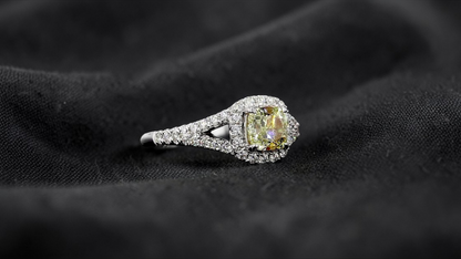 Kami 1.02 cts. Natural Cushion Fancy Light Yellow Diamond Halo Ring with Natural Round White VVS Diamonds Halo and 18K White Gold - GIA Certified - R9