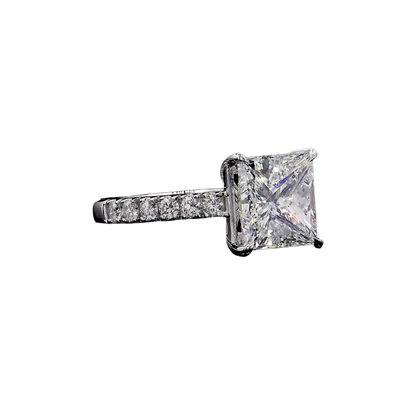 Ohime 4.01 cts. Natural Princess-Cut E i1 Diamond Cocktail Ring with Round White VVS Diamonds and 18K White Gold - GIA Certified-R10