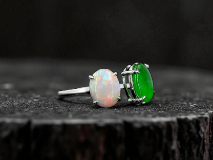 Opade Opulence Burmese A-Jadeite and Australian Opal Toi et Moi Ring Size US 6.5 with 18K White Gold - Certified V1