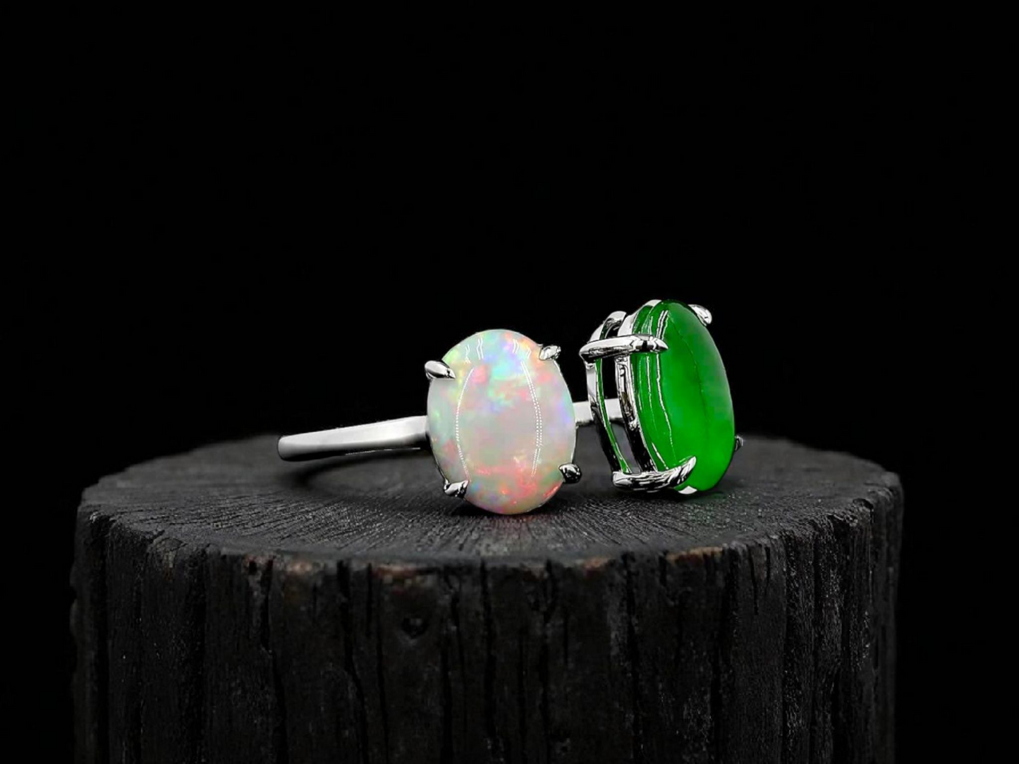Opade Opulence Burmese A-Jadeite and Australian Opal Toi et Moi Ring Size US 6.5 with 18K White Gold - Certified V1