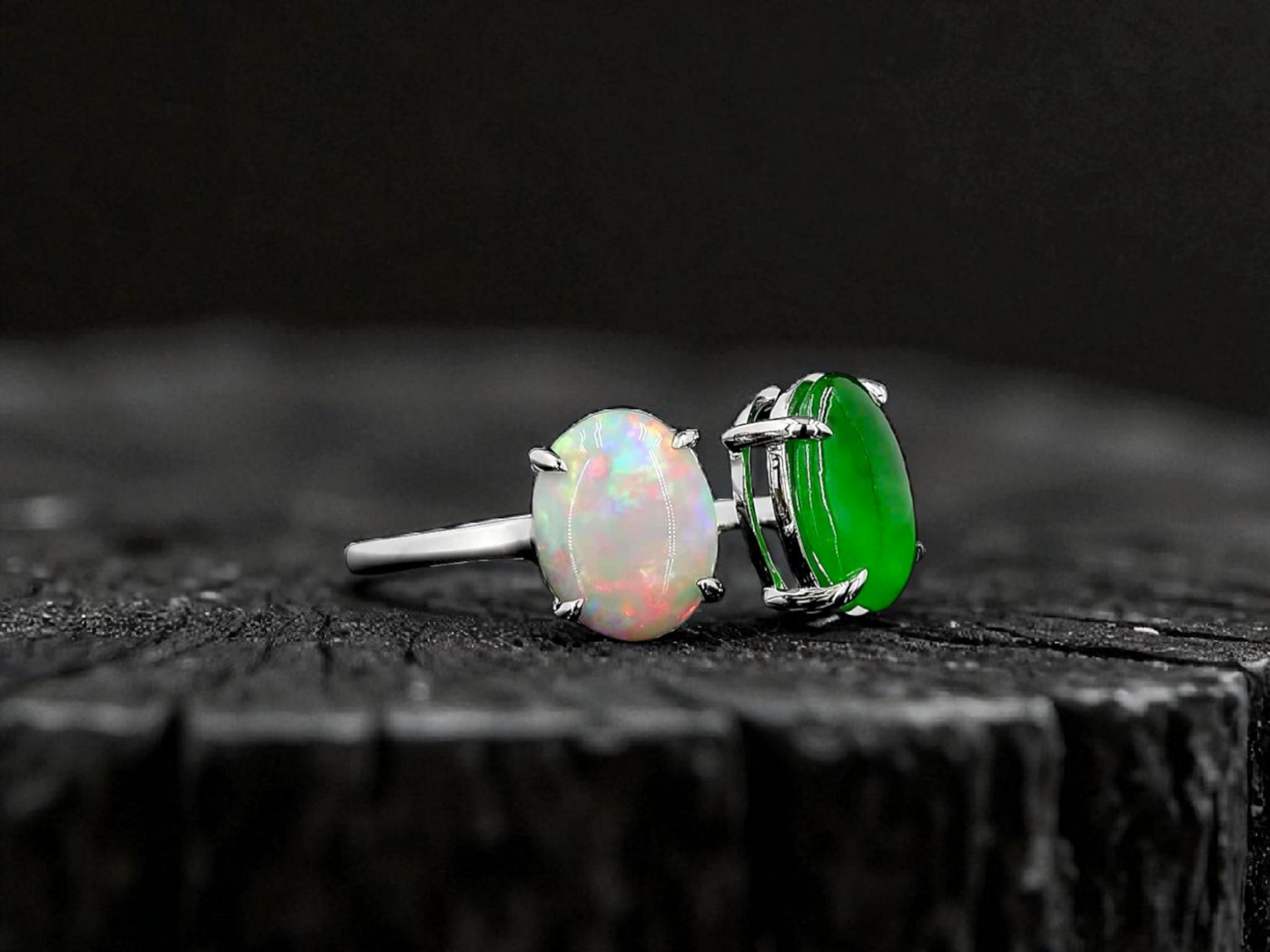 Opade Opulence Burmese A-Jadeite and Australian Opal Toi et Moi Ring Size US 6.5 with 18K White Gold - Certified V1