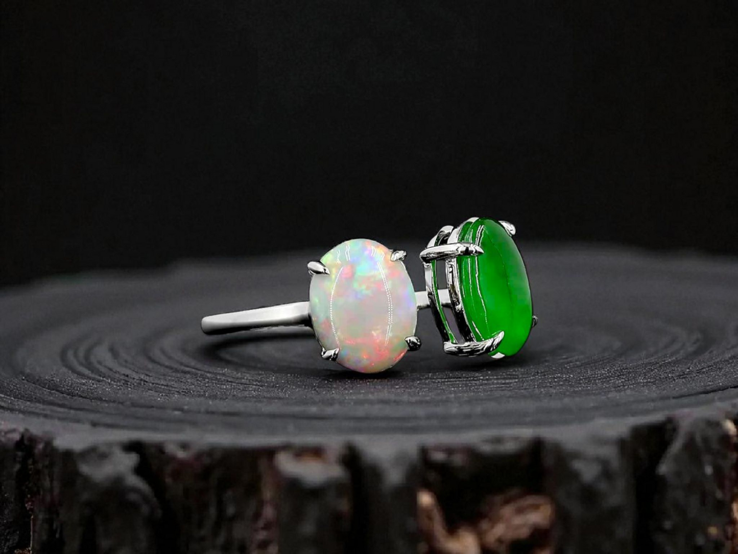 Opade Opulence Burmese A-Jadeite and Australian Opal Toi et Moi Ring Size US 6.5 with 18K White Gold - Certified V1
