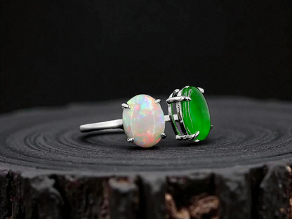 Opade Opulence Burmese A-Jadeite and Australian Opal Toi et Moi Ring Size US 6.5 with 18K White Gold - Certified V1