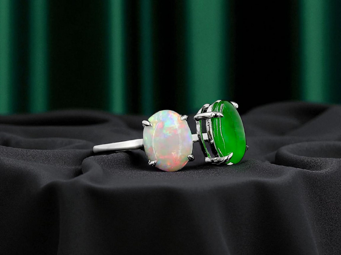 Opade Opulence Burmese A-Jadeite and Australian Opal Toi et Moi Ring Size US 6.5 with 18K White Gold - Certified V1