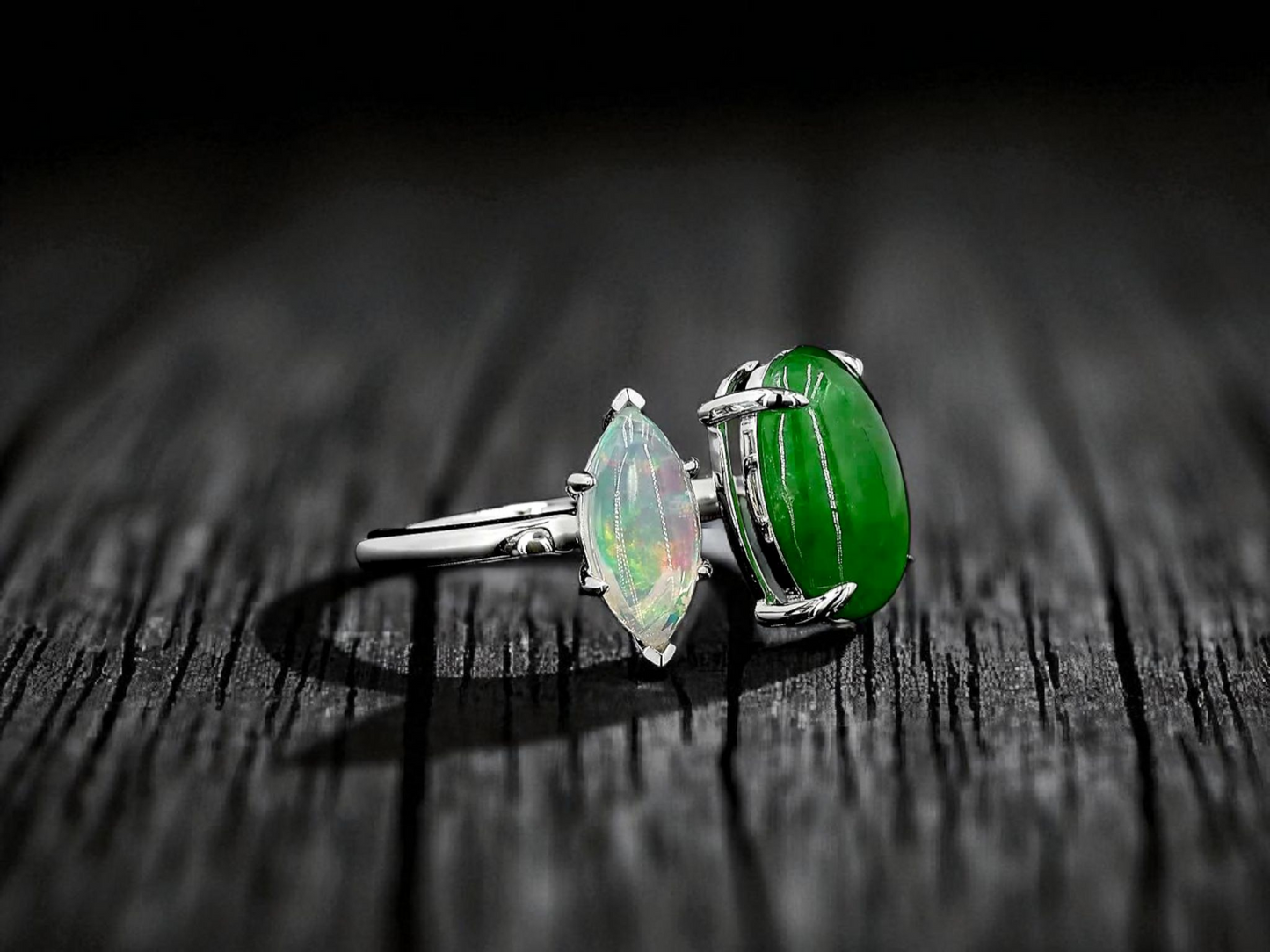 Opade Elegance Burmese A-Jadeite and Australian Opal Toi et Moi Ring Size US 7 with 14K White Gold - Certified V1