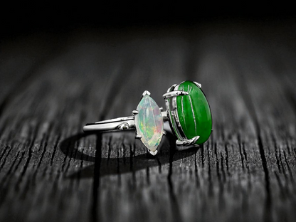 Opade Elegance Burmese A-Jadeite and Australian Opal Toi et Moi Ring Size US 7 with 14K White Gold - Certified V1