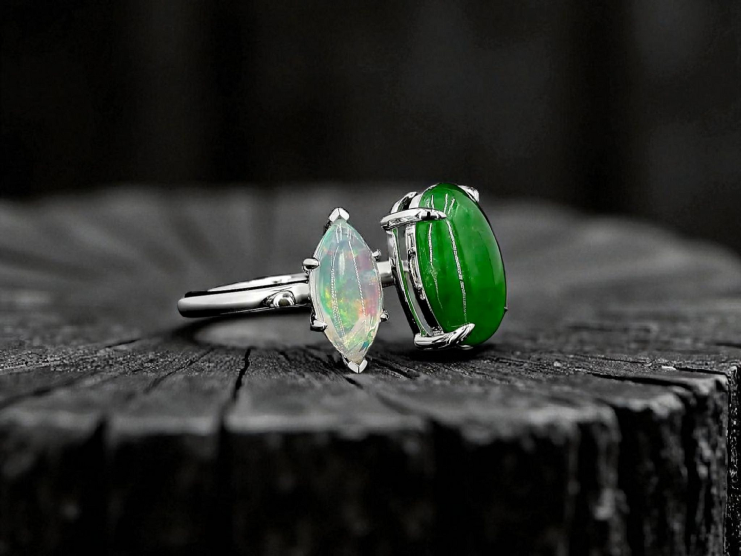 Opade Elegance Burmese A-Jadeite and Australian Opal Toi et Moi Ring Size US 7 with 14K White Gold - Certified V1