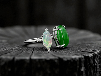 Opade Elegance Burmese A-Jadeite and Australian Opal Toi et Moi Ring Size US 7 with 14K White Gold - Certified V1