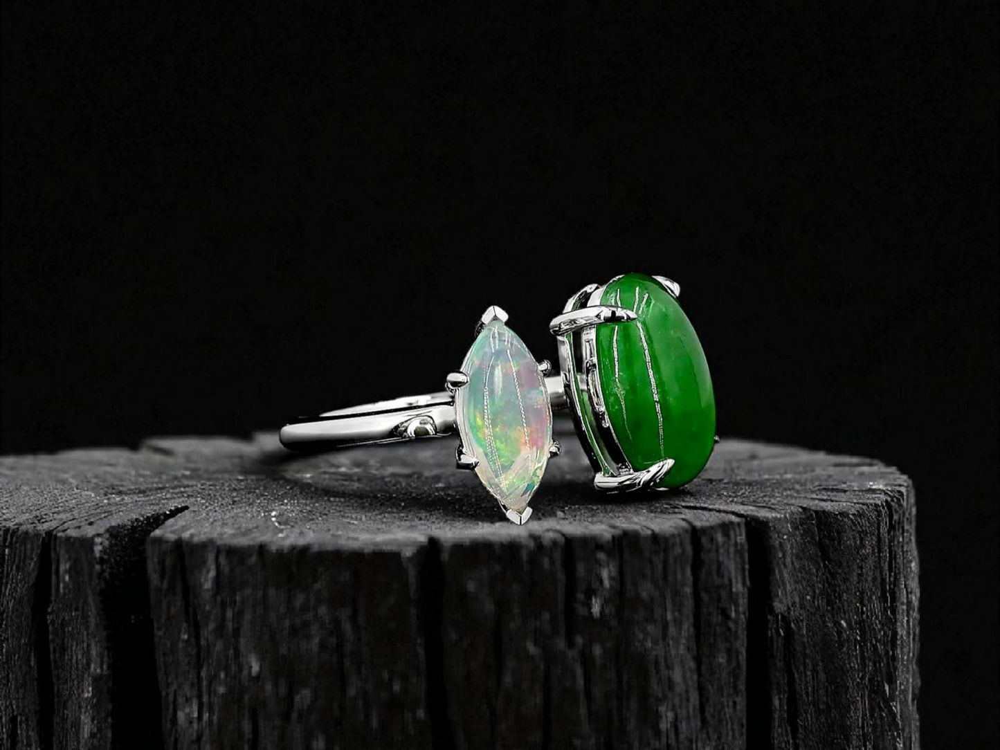 Opade Elegance Burmese A-Jadeite and Australian Opal Toi et Moi Ring Size US 7 with 14K White Gold - Certified V1
