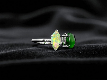 Opade Elegance Burmese A-Jadeite and Australian Opal Toi et Moi Ring Size US 8 with 14K White Gold - Certified V2