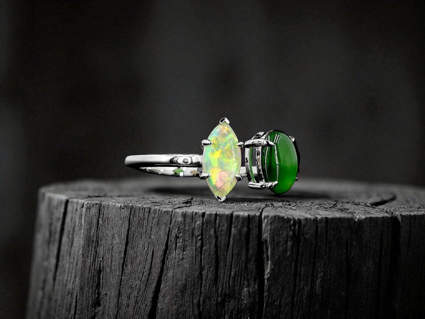Opade Elegance Burmese A-Jadeite and Australian Opal Toi et Moi Ring Size US 8 with 14K White Gold - Certified V2