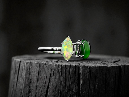 Opade Elegance Burmese A-Jadeite and Australian Opal Toi et Moi Ring Size US 8 with 14K White Gold - Certified V2
