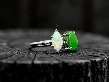 Opade Elegance Burmese A-Jadeite and Australian Opal Toi et Moi Ring Size US 7 with 14K White Gold - Certified V3