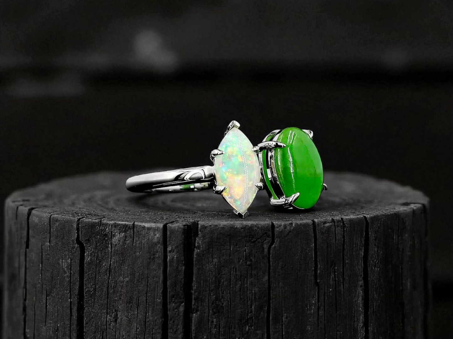 Opade Elegance Burmese A-Jadeite and Australian Opal Toi et Moi Ring Size US 7 with 14K White Gold - Certified V3